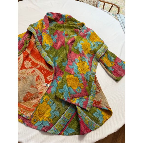 Kantha Patchwork Kimono Jacket Reversible Colorful Boho Patch Pockets O/S - Picture 3 of 16